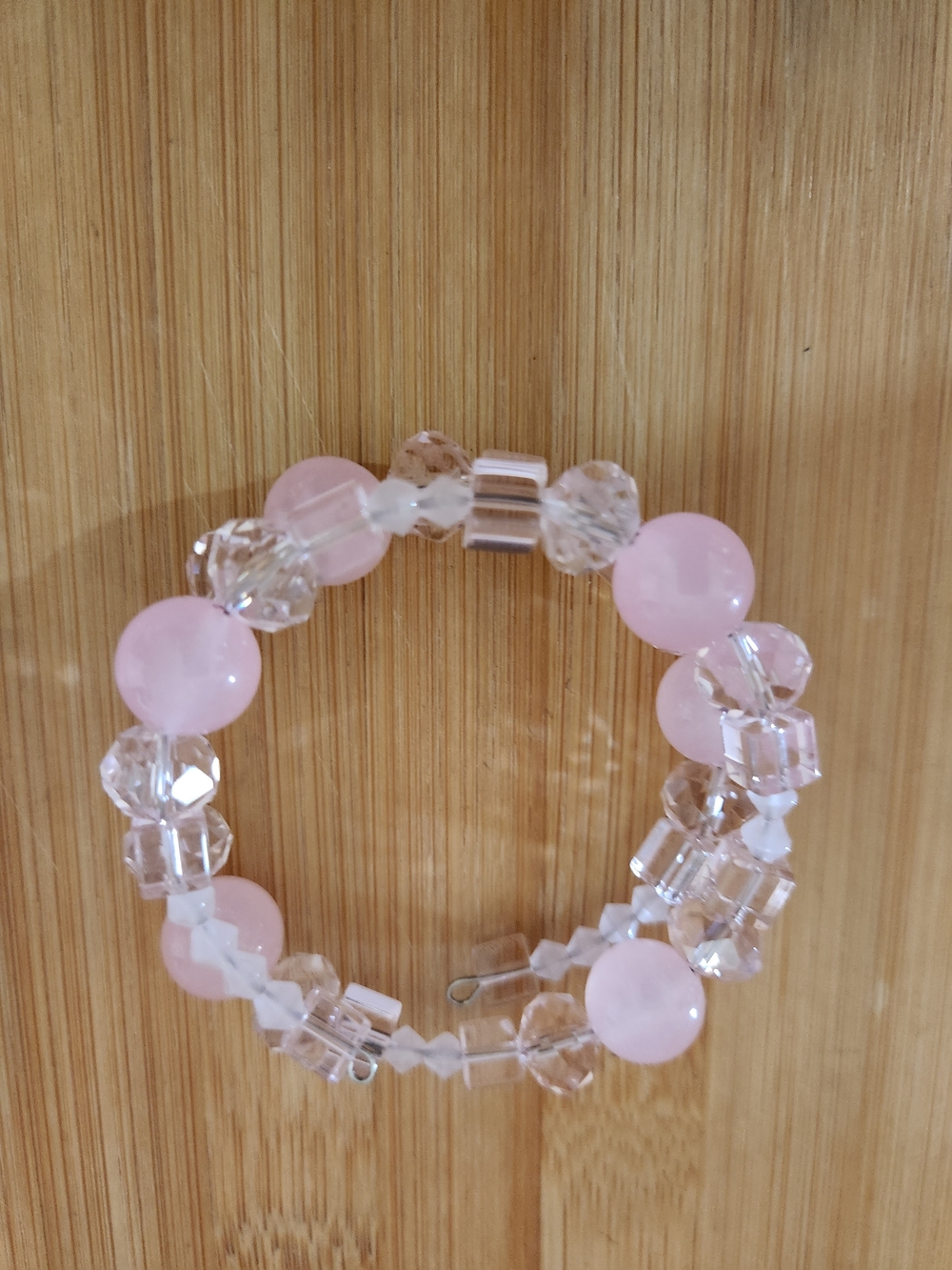 Hand Crafted Pink and Clear Beaded Stretch Bracelet